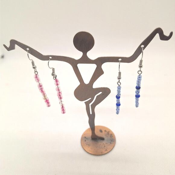 Long Dangle Seed Bead Earrings Set of 2 - Pink/Silver Blue/Silver - Picture 1 of 4